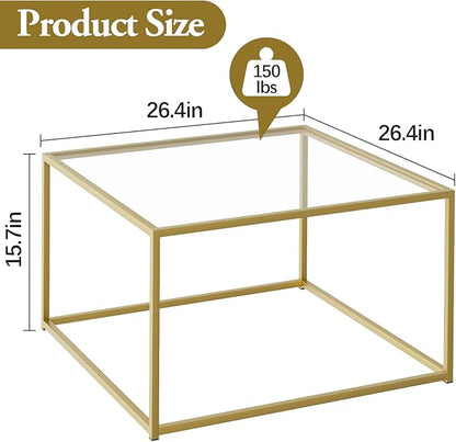 Glass Coffee Table, Small Square Coffee Table for Living Room,Simple Modern Center Tables for Small Spaces, Gold Living Room Tea Tables Easy Assembly,26 * 26in（Gold & Clear Glass）