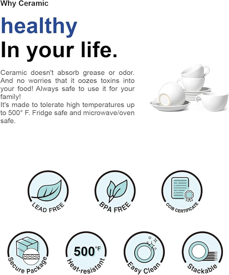 LE TAUCI 6 oz Cappuccino Cups with Saucers, Ceramic Coffee Cup for Au Lait, Double shot, Latte, Cafe Mocha, Tea - Set of 4, White