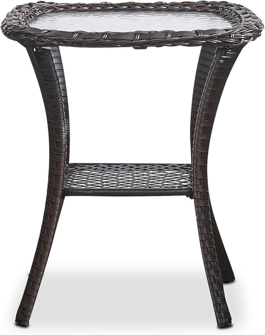 HUMMUH Patio Wicker Side Table Outdoor, Rattan End Table Glass Top Coffee Table with Storage Brown