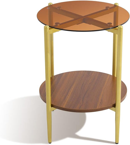 Small Round Coffee Tables for Living Room, Mid Century Side Table with Brown Glass Top, Solid Brown Storage Shelf and Sturable Gold Legs for Small Space, Office, Department