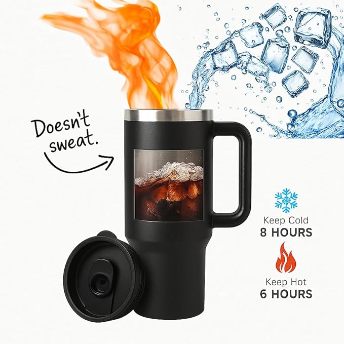 40oz Black Stainless Steel Tumbler with Handle & Straw Lid – Insulated Travel Mug for Hot & Cold Drinks – Gift for Men & Women – Durable Leak-Proof Reusable Cup, Cupholder Friendly