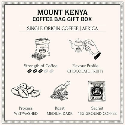 Bacha Coffee | Mount Kenya Single Origin, 100% Arabica Specialty Coffee Beans, Medium Dark Roast, x12 Individually Wrapped Single Serve Filter Bags