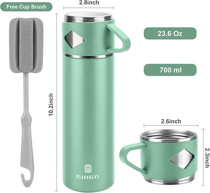 Stainless Steel Thermo 700ml/23.7oz Vacuum Insulated Bottle with Cup for Coffee Hot drink and Cold drink water flask.(Green,Set)
