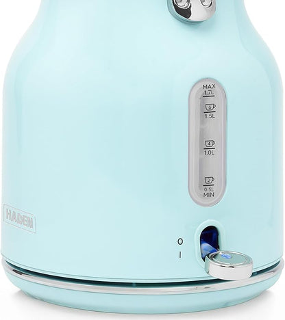 Haden Heritage 1.7 Liter Stainless Steel Electric Kettle, Hot Water Kettle with 360-Degree Base and Auto Shutoff, Turquoise & Chrome