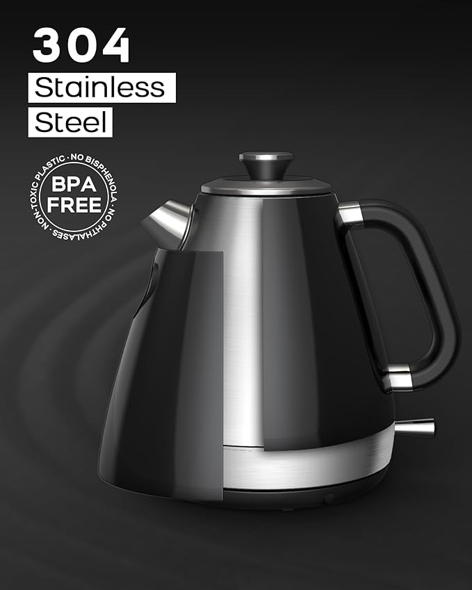 1.7L Retro Electric Kettle, 1200w Fast Boiling, Stainless Steel Hot Water Kettle Electric, Auto Shut-Off, Cordless, Boil-Dry Protection, Black