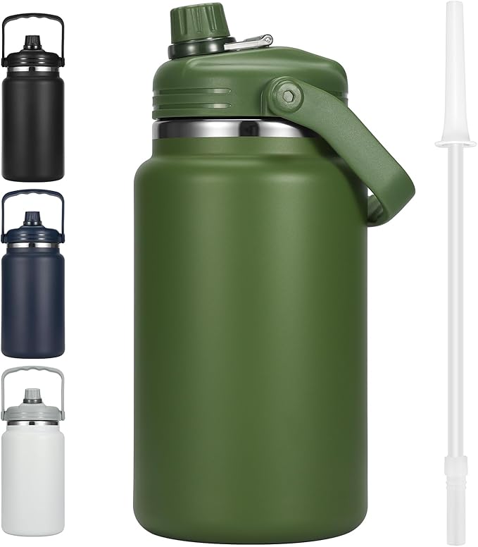1 Gallon Thermosflask with Straw, 135oz Stainless Steel Insulated Water Bottle，4L Oversized Double Wall Vacuum Jug with Handle for Hot Cold Drinks, Wide mouth Icebuckets for Hiking Sports(Green)