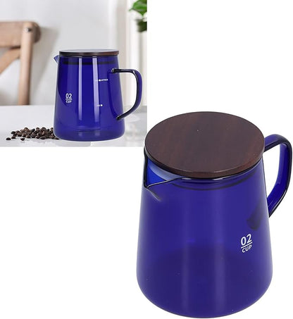 Glass Coffee Server, 500ml Coffee Pour over Carafe Pour over Coffee Pot Coffee Glass Pot with Wooden Lid for Home Office(Blue)
