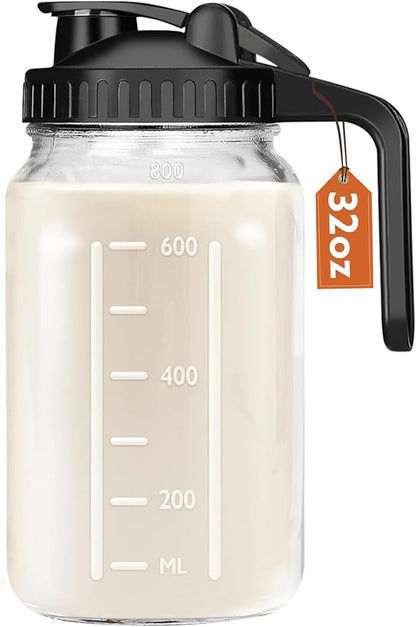 Breast Milk Pitcher, 32 OZ Mason Jar Pitcher with Lid Double Leak Proof,1 Quart Breastmilk Storage Containers for Fridge, Glass Jug for Sun Tea, Juice, Cold Brew Coffee
