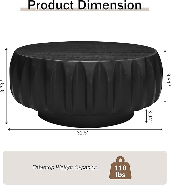 31.5" Drum Coffee Table Modern Round Coffee Table Wood Fluted Centry Table with Solid Wood Veneer for Living Room, Easy Assemble, Black
