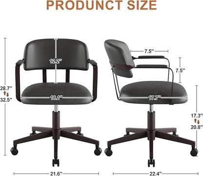 Home Office Desk Chair, Mid-Century Style Desk Chair with Padded Arms, Adjustable Seat Height, Mid Back 360° Small Computer Chair with Mobile Mute Wheel, PU Leather (Black)