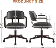 Home Office Desk Chair, Mid-Century Style Desk Chair with Padded Arms, Adjustable Seat Height, Mid Back 360° Small Computer Chair with Mobile Mute Wheel, PU Leather (Black)