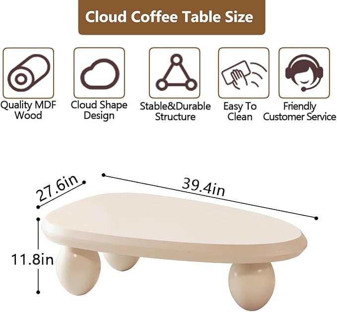 Cloud Coffee Table Modern Cute Coffee Tables Irregular Simple Tea/Center Table for Small Space End Table for Living Room, Home Office, Indoor (White A Oval 39.4" Wx25.6 Dx11.8 H)