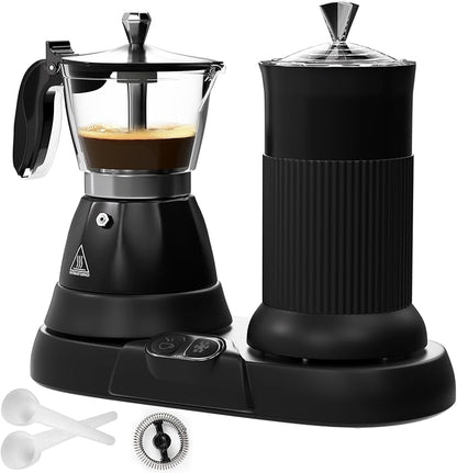 Electric Espresso Machine with Milk Frother 2 in 1 Efficient Moka Pot Coffee Maker with Milkfroth Aluminum One-Touch Operation for Effortless Cappuccinos Lattes Macchiatos Black