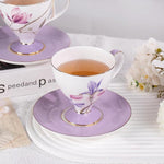 Load image into Gallery viewer, KAMMAK Ceramic Coffee Cups Saucers Set of 2, Porcelain Espresso Cups with Saucers, 8.12 oz Handcrafted Elegant Bone China Tea Cups, Purple Hibiscus &amp; Iris Flower Pattern Teacup for Party, Office, Gift
