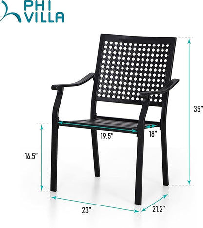 PHI VILLA Outdoor Metal Dining Chairs Set of 4, Black Wrought Iron Stackable Chairs with Cushions, Heavy-Duty Seating Furniture for Patio, Deck, Yard, Porch
