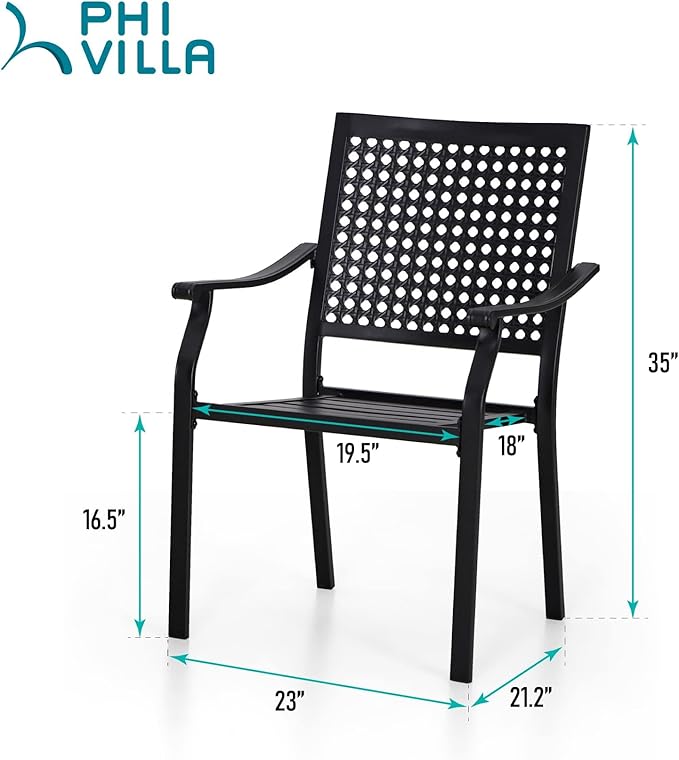 PHI VILLA Outdoor Wrought Iron Chairs Set of 6， Black Dining Bistro Metal Steel Stackable Chairs with Cushions, Support 300 LBS for Patio, Deck, Yard, Porch