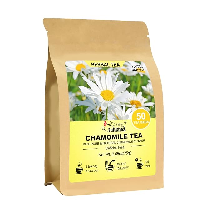 FullChea - Chamomile Tea bags, 50 Teabags - Pure & Natural Chamomile Flower Herbal Tea for Relaxation - Non-GMO - Caffeine-free - Support Digestion & Boost Immune System