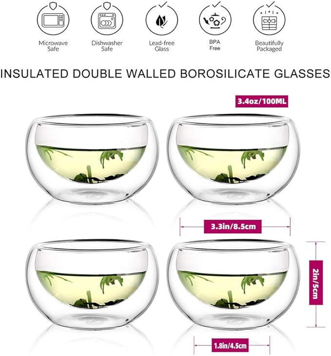 CNGLASS Double Wall Glass Tea Cup Set of 4,100ml Asian Insulated Clear Teacups,Small Espresso Cup for Coffee
