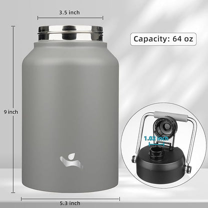Half Gallon Jug with Handle,64 oz Insulated Water Bottle with Carrying Pouch,Double Wall Vacuum Stainless Steel Metal Bottle,Gray