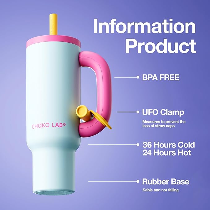 BaWang Insulated Stainless Steel Tumbler | Tumbler with Handle and Straw 33oz | Cup Holder Friendly for Travel | Leakproof Water Bottle | BPA-Free | 316 stainless steel liner| pink＆blue