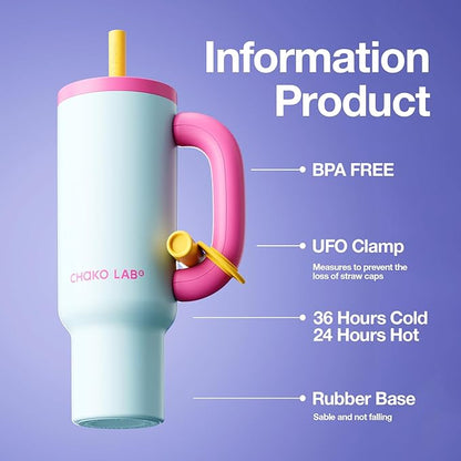 BaWang Insulated Stainless Steel Tumbler | Tumbler with Handle and Straw 33oz | Cup Holder Friendly for Travel | Leakproof Water Bottle | BPA-Free | 316 stainless steel liner| pink＆blue