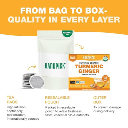 HANDPICK, Organic Turmeric Ginger Tea (100 Tea Bags) | Authentic Indian Origin | Caffeine Free, Gluten Free, Non-GMO | 100% Pure Herbal Blend - Savory & Spicy I Ecofriendly round tea bags