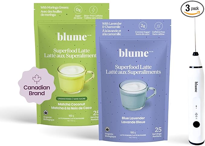 Blume Matcha & Blue Lavender Starter Pack - Organic Superfoods Booster for Lattes, Coffee & Smoothies - Vegan, Sugar and Gluten Free - Includes Frother - 60 Servings