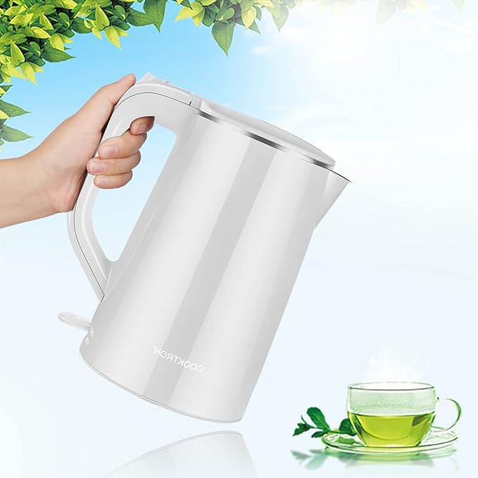 1.7L Electric Kettle Quiet, Double Wall Hot Water Boiler BPA-Free, Quiet Boil and Cool Touch Tea Kettle, Cordless with Auto Shut-Off & Boil Dry Protection, 1500W Fast Boiling, White