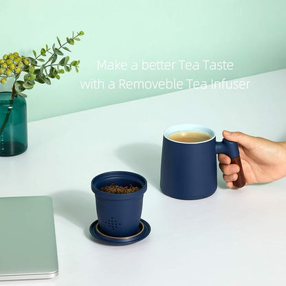 ZENS Tea Cup with Infuser and Lid for Loose Leaf Tea Steeper, 12oz Blue Ceramic Tea Mug with Fine Strainers, Wood Handle, Tea Lovers Gifts
