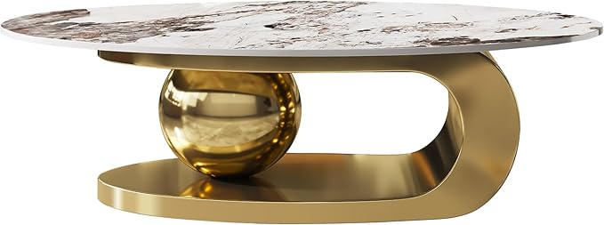 Modern Coffee Table with Gold Stainless Steel Pedestal,Oval Living Room Table with Faux Marble Top,Sintered Stone Cocktail Center Table Marble Grain,51.20inch