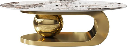 Modern Coffee Table with Gold Stainless Steel Pedestal,Oval Living Room Table with Faux Marble Top,Sintered Stone Cocktail Center Table Marble Grain,51.20inch