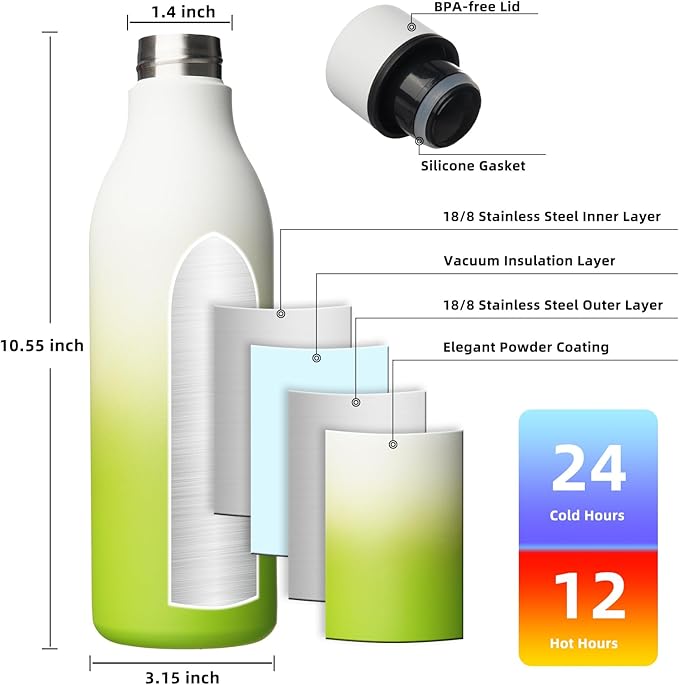 BJPKPK Insulated Water Bottles, 25 oz Stainless Steel Metal Water Bottle with Strap, BPA Free Leak Proof Jugs, Mugs, Flasks, Reusable Thermal Flasks for Sports & Travel, Elegant Green