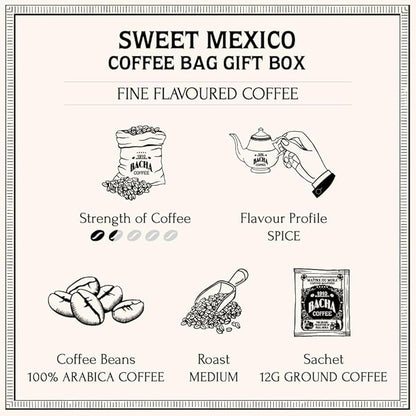 Bacha Coffee | Sweet Mexico Fine Flavoured, 100% Arabica Specialty Coffee Beans, Medium Roast, x12 Individually Wrapped Single Serve Filter Bags
