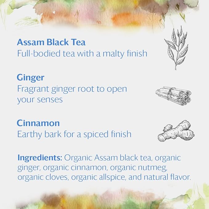 Grace Farms Organic Classic Chai Black Tea, 50 Sachet Pouch | Ginger & Spices | Fairtrade & Kosher |Gives Back 100% of Profits