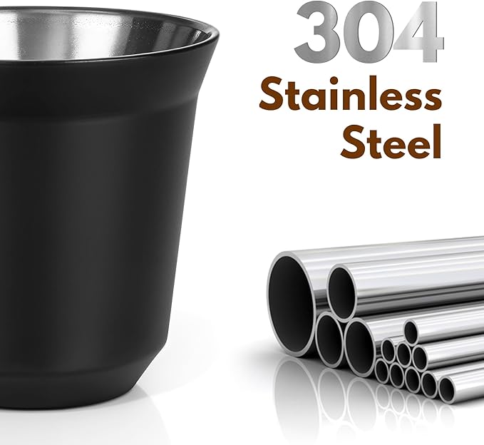 RECAPS 80ml Stainless Steel Espresso Cups Set - 2 Pack Double Wall 304 Stainless Steel Demitasse Cups 2.7oz,Black (Small Cup)