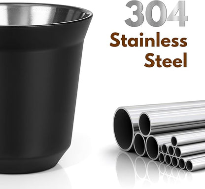RECAPS 80ml Stainless Steel Espresso Cups Set - 2 Pack Double Wall 304 Stainless Steel Demitasse Cups 2.7oz,Black (Small Cup)
