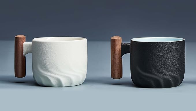 Ceramic Espresso Cup with Wooden Handle, 3oz, Microwave Safe, Porcelain, 2.08x1.85in, Hand Wash Only, Black&White