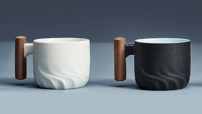 Ceramic Espresso Cup with Wooden Handle, 3oz, Microwave Safe, Porcelain, 2.08x1.85in, Hand Wash Only, Black&White