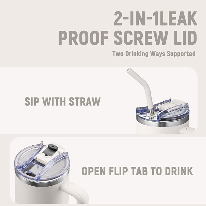 COKTIK 40 oz Tumbler With Handle and Straw Lid, Vacuum Insulated Travel Coffee Mug Stainless Steel Insulated Cup for Beverages, Leak-proof, Cupholder Friendly (Beige)