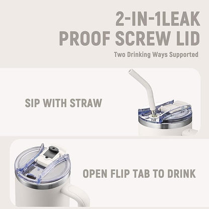 COKTIK 40 oz Tumbler With Handle and Straw Lid, Vacuum Insulated Travel Coffee Mug Stainless Steel Insulated Cup for Beverages, Leak-proof, Cupholder Friendly (Beige)