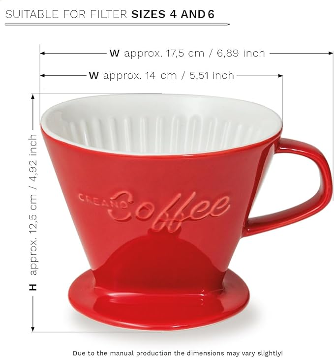 Creano XXL Porcelain Coffee Dripper Red - Ceramic Cone Brewer - Pour Over Coffee Maker - Filter Size 4 - huge and heavy quality 800gr/28oz - 6 Colours availeble