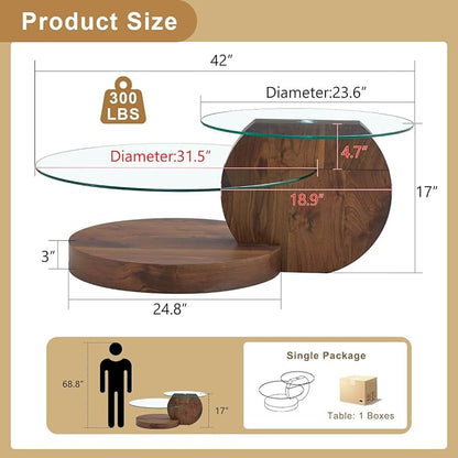 42 Inch Glass Coffee Table，Round Coffee Table with 2-Tier Tempered Glass Tabletop，Easy to Clean Circle Coffee Table with Sturdy Base for Living Room，Office (Dark Walnut-Colored Base)