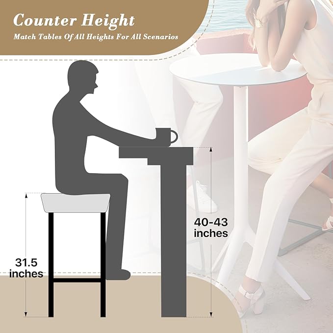 Athena Collection Counter Height Bar Stools Set of 2, 31.5 Inches Saddle Bar Stools with Leather Upholstered and Metal Legs, Backless Barstools for Counter, Kitchen Island, Dining Room, White