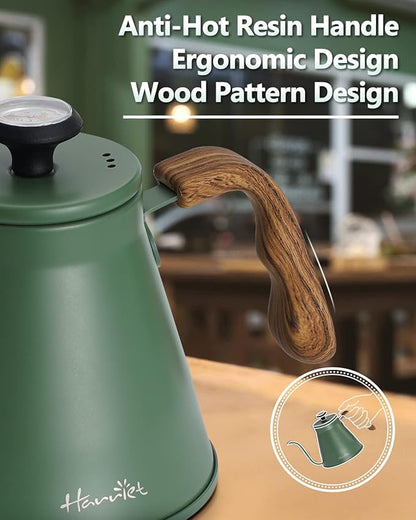 Harriet Gooseneck Kettle with Thermometer for Pour Over Coffee and Tea, 37 fl oz, Stainless Steel, Durable 3-Layer Base, Ideal Spout for Precision Pouring, Compatible with all Stove Tops, Green