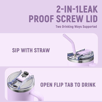 COKTIK 40 oz Tumbler With Handle and Straw Lid, Vacuum Insulated Travel Coffee Mug Stainless Steel Insulated Cup for Beverages, Leak-proof, Cupholder Friendly (Lavender)