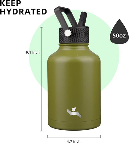 Insulated Water Bottle with Straw,50 oz 3 Lids Water Jug with Carrying Bag,Paracord Handle,Double Wall Vacuum Stainless Steel Metal Flask,Forest Green