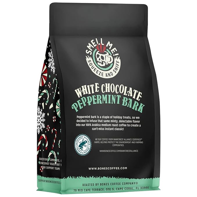 Bones Coffee Company White Chocolate Peppermint Bark Flavored Coffee, Medium Roast Low Acid Arabica Beans Compatible with Auto drip and French Press Coffee Maker, 12 Oz Whole Bean