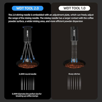 MHW-3BOMBER WDT Tool Espresso Distribution Tool with Magnetic Stand for Barista, Adjustable Range Coffee Needle Stirrer, 304 Stainless Steel 8 Needles 0.4mm with 6 Extra Needles, Black, T6126-OS