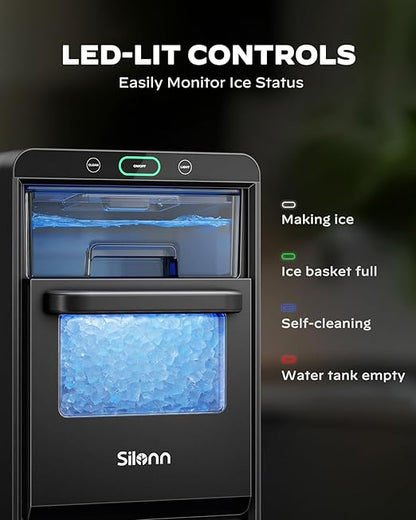 Silonn Nugget Ice Maker Countertop, Crushed Ice Maker & Pebble Ice Machine Produces 44lbs/24h with Front Pull-Out Water Tank & Removable Basket for Home/Kitchen, Stainless Steel