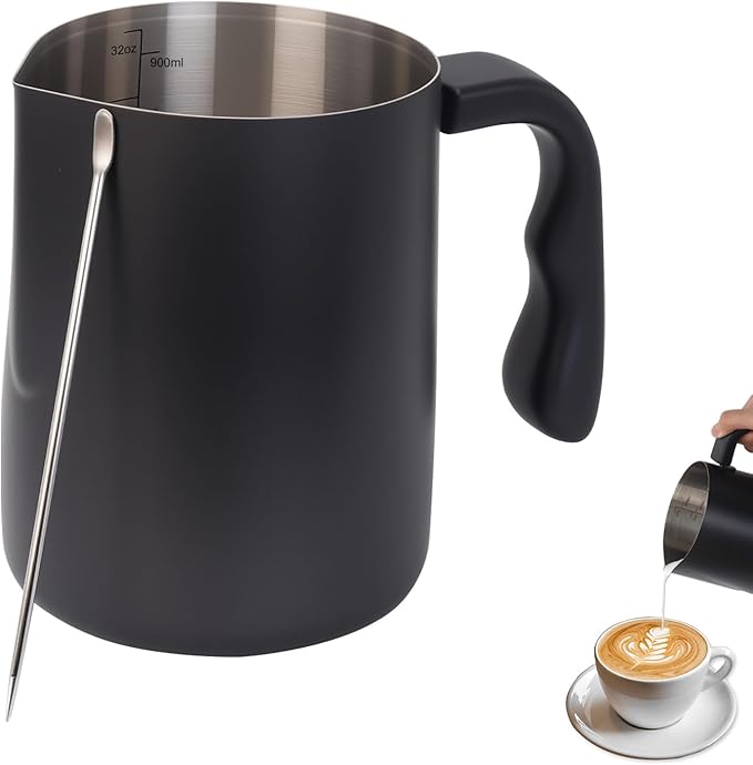 Milk Frothing Pitcher, 32OZ/1000ML Stainless Steel Coffee Frother Cup - Espresso Steaming Pitcher with Latte Art Pen for Barista-Style Coffee Making & Milk Frothing